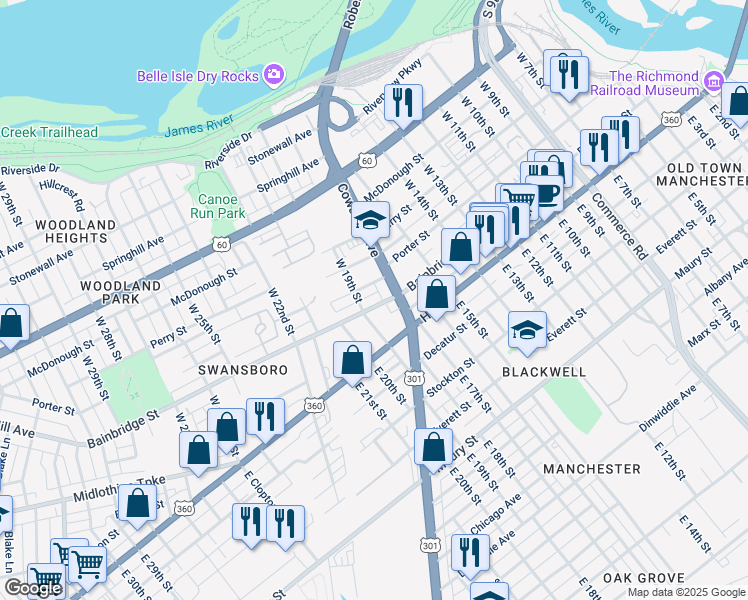 map of restaurants, bars, coffee shops, grocery stores, and more near 1723 Bainbridge Street in Richmond