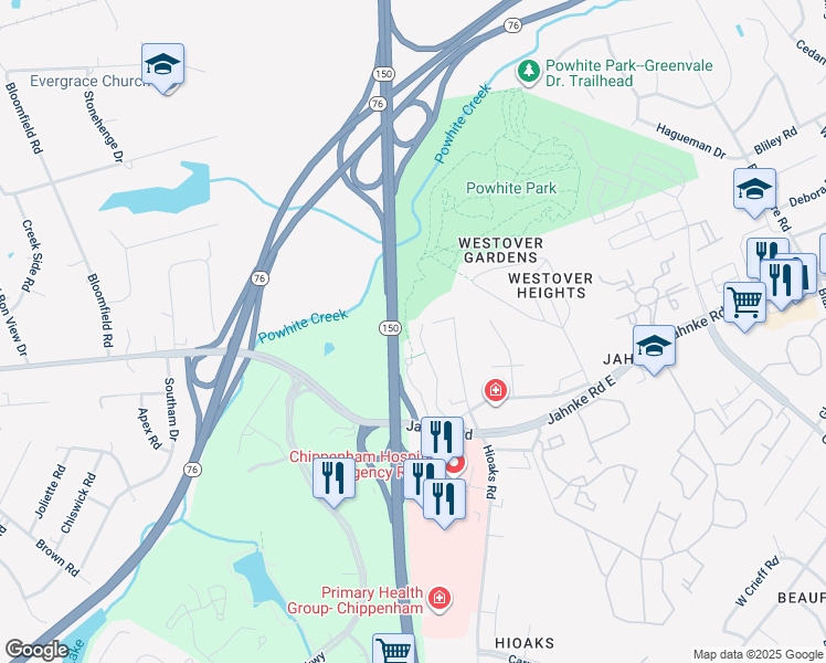 map of restaurants, bars, coffee shops, grocery stores, and more near 1318 Boulder Creek Road in Richmond