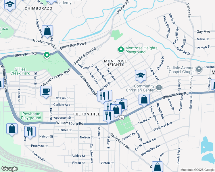 map of restaurants, bars, coffee shops, grocery stores, and more near 1711 Rawlings Street in Richmond