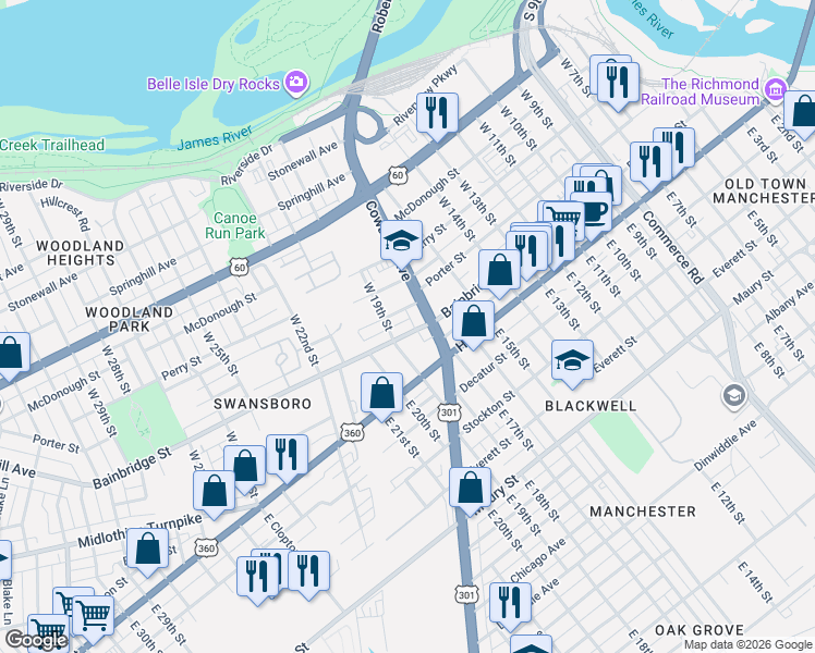 map of restaurants, bars, coffee shops, grocery stores, and more near 1518 Porter Street in Richmond