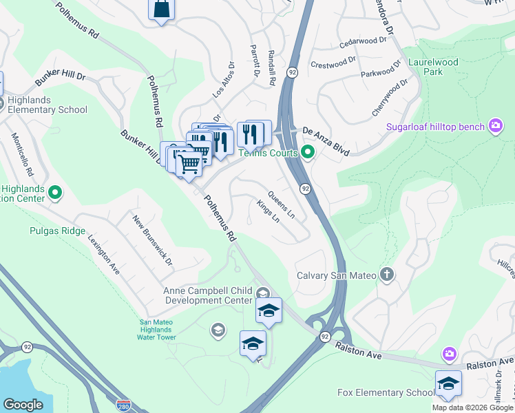 map of restaurants, bars, coffee shops, grocery stores, and more near 2038 Kings Lane in San Mateo