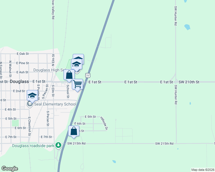 map of restaurants, bars, coffee shops, grocery stores, and more near 1121 East 1st Street in Douglass