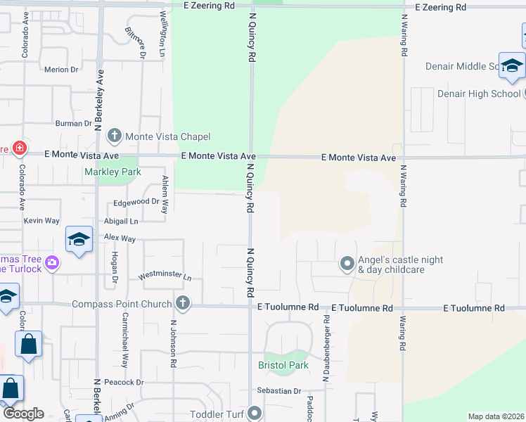 map of restaurants, bars, coffee shops, grocery stores, and more near 2880 North Quincy Road in Turlock