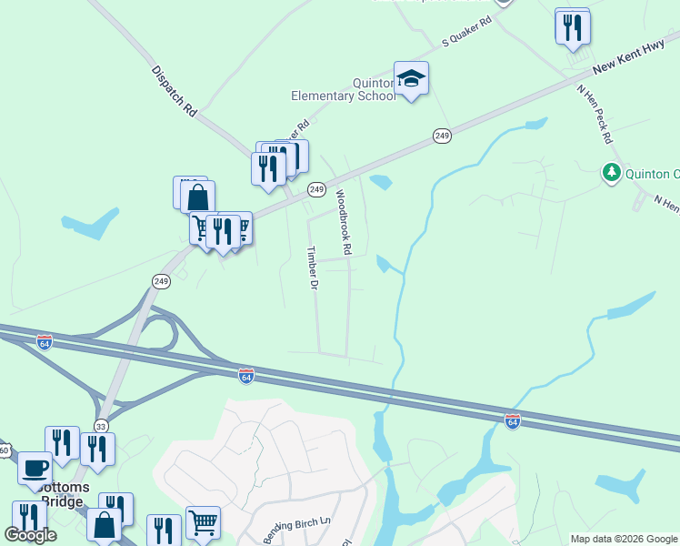 map of restaurants, bars, coffee shops, grocery stores, and more near 7836 Woodbrook Road in Quinton