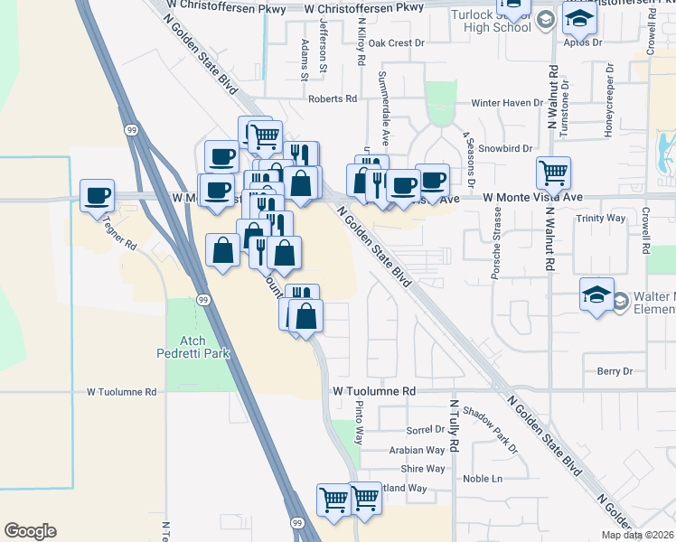 map of restaurants, bars, coffee shops, grocery stores, and more near in Turlock