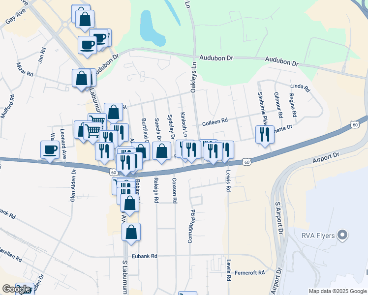 map of restaurants, bars, coffee shops, grocery stores, and more near 4909 Kinloch Lane in Henrico