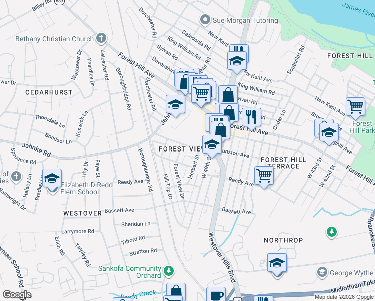 map of restaurants, bars, coffee shops, grocery stores, and more near 5012 Clarence Street in Richmond