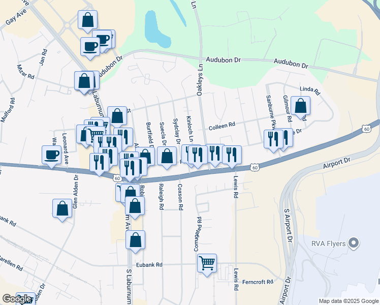 map of restaurants, bars, coffee shops, grocery stores, and more near 4909 Kinloch Lane in Henrico