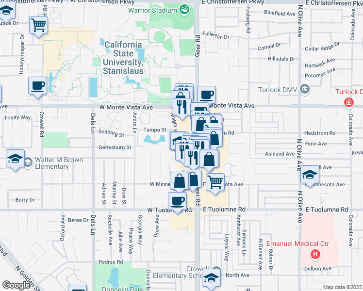 map of restaurants, bars, coffee shops, grocery stores, and more near 130 Regis Street in Turlock