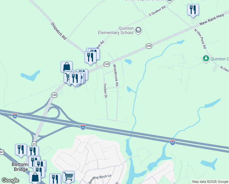 map of restaurants, bars, coffee shops, grocery stores, and more near 7836 Woodbrook Road in Quinton