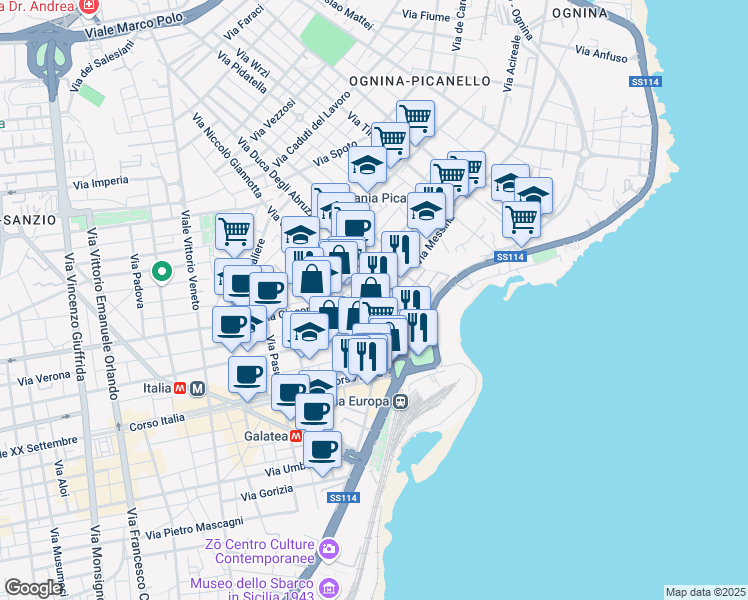 map of restaurants, bars, coffee shops, grocery stores, and more near 4 Via Duca Degli Abruzzi in Catania