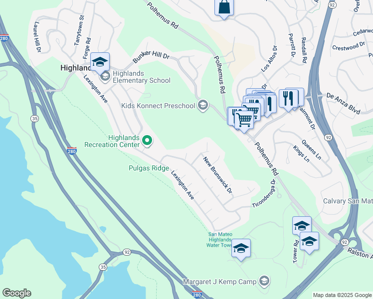 map of restaurants, bars, coffee shops, grocery stores, and more near 30 Amboy Court in San Mateo