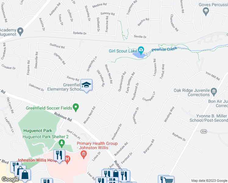 map of restaurants, bars, coffee shops, grocery stores, and more near 10631 Jousting Ln in Richmond