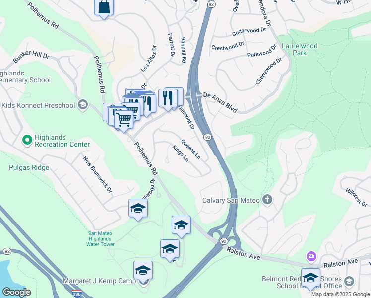 map of restaurants, bars, coffee shops, grocery stores, and more near 2038 Kings Lane in San Mateo