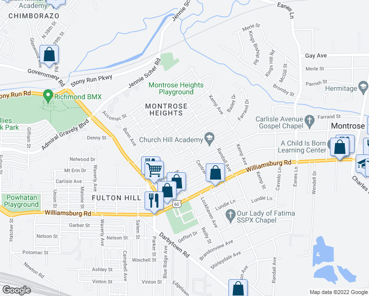 map of restaurants, bars, coffee shops, grocery stores, and more near 4713 Central Avenue in Richmond