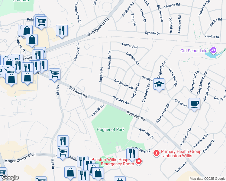 map of restaurants, bars, coffee shops, grocery stores, and more near 11105 Oakcrest Drive in Richmond