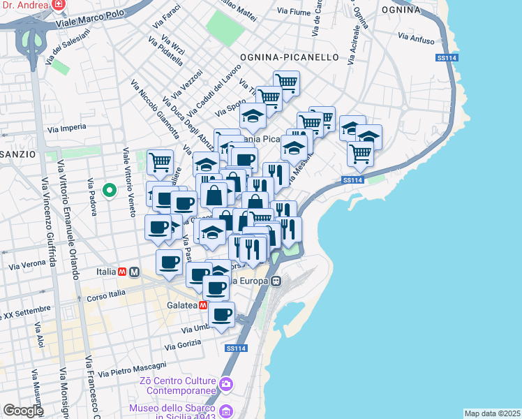 map of restaurants, bars, coffee shops, grocery stores, and more near 2-4 Via Duca degli Abruzzi in Catania