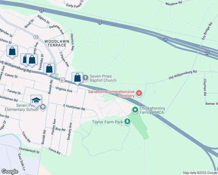 map of restaurants, bars, coffee shops, grocery stores, and more near 5 Whiteside Court in Sandston