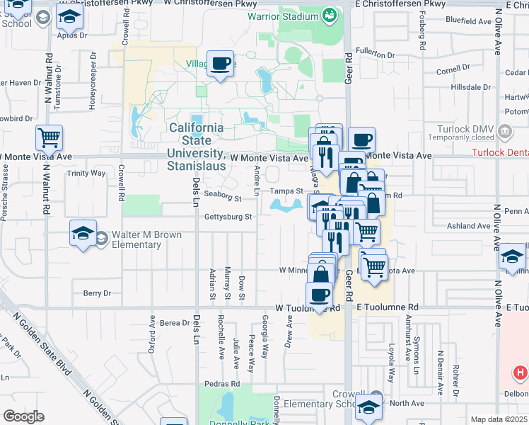 map of restaurants, bars, coffee shops, grocery stores, and more near 2900 Andre Lane in Turlock