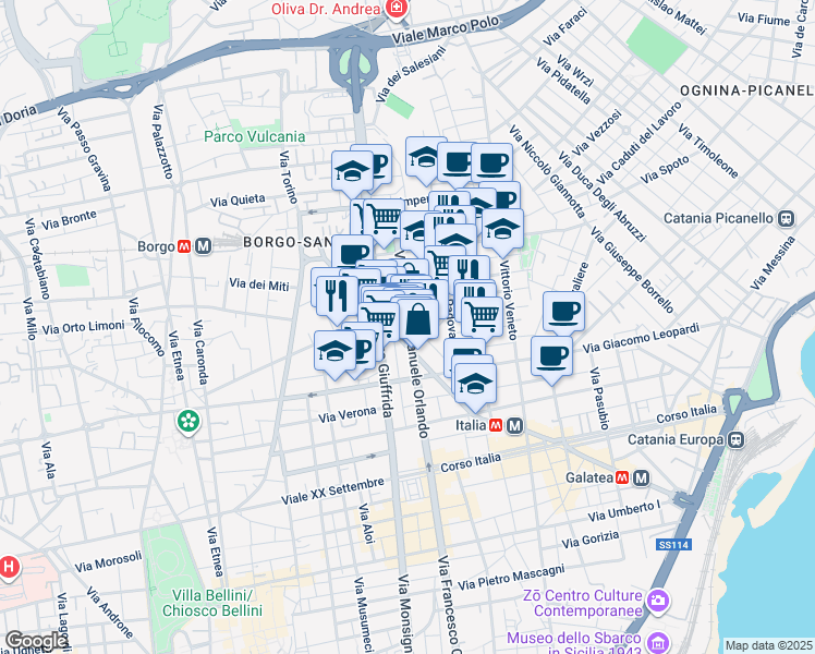 map of restaurants, bars, coffee shops, grocery stores, and more near 9 Via Vicenza in Catania
