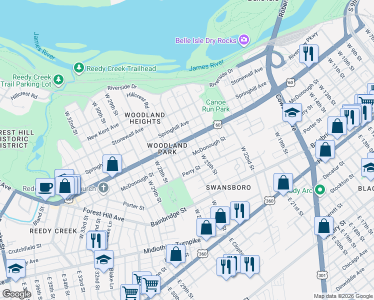 map of restaurants, bars, coffee shops, grocery stores, and more near in Richmond