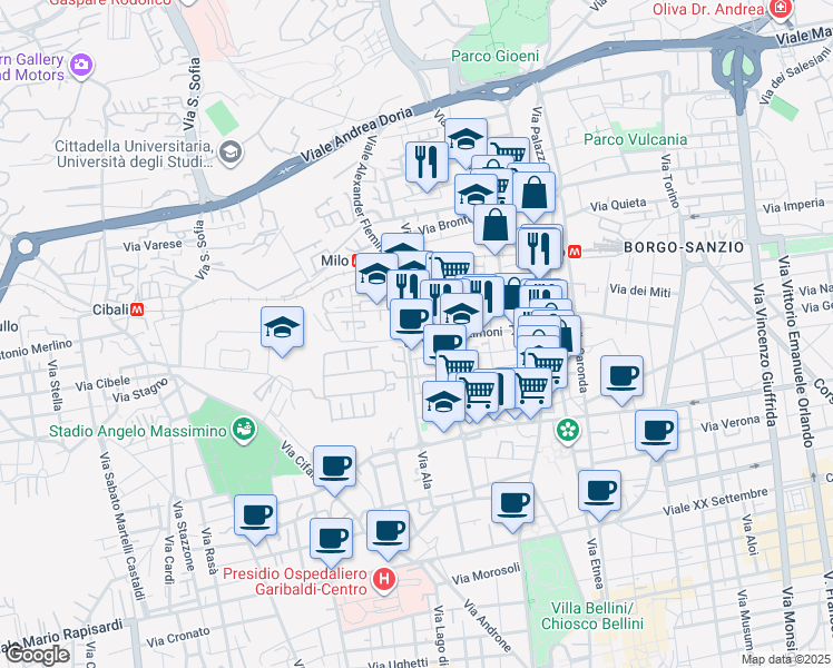 map of restaurants, bars, coffee shops, grocery stores, and more near 55 Via Orto Limoni in Catania