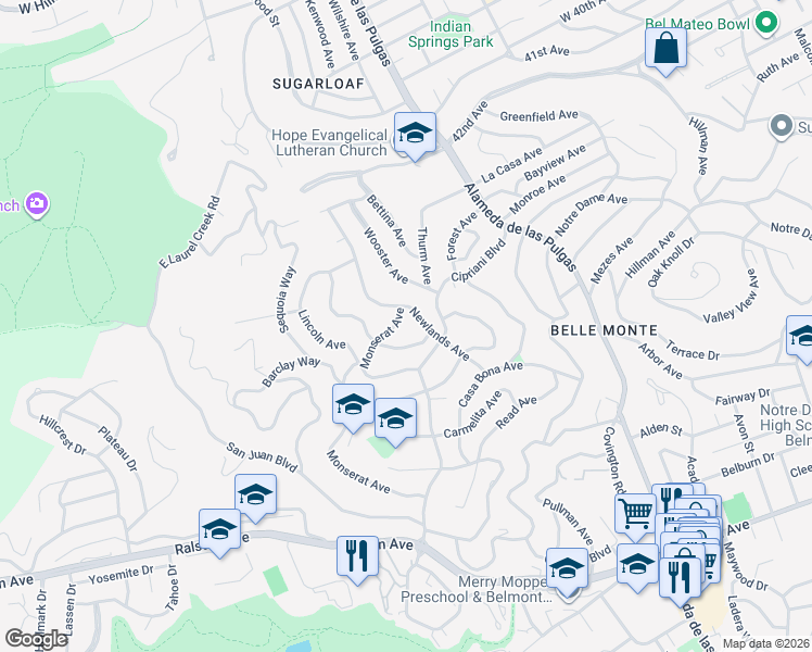 map of restaurants, bars, coffee shops, grocery stores, and more near 2307 Monserat Avenue in Belmont