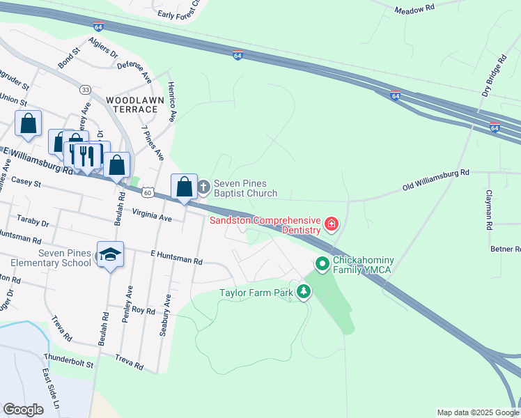 map of restaurants, bars, coffee shops, grocery stores, and more near 5 Whiteside Court in Sandston