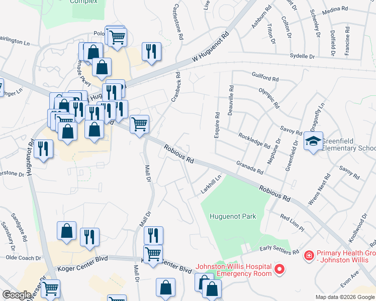 map of restaurants, bars, coffee shops, grocery stores, and more near 11198 Robious Road in Bon Air
