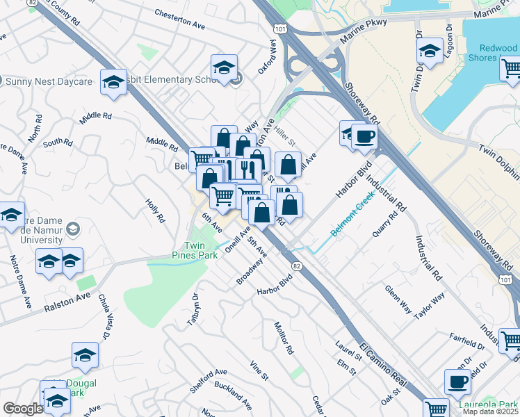 map of restaurants, bars, coffee shops, grocery stores, and more near 1250 Old County Road in Belmont