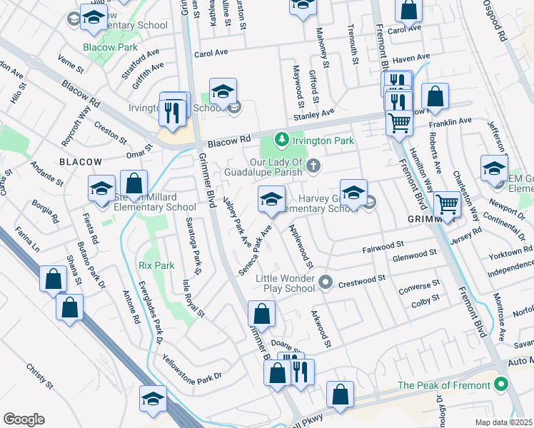 map of restaurants, bars, coffee shops, grocery stores, and more near 4457 Seneca Park Avenue in Fremont