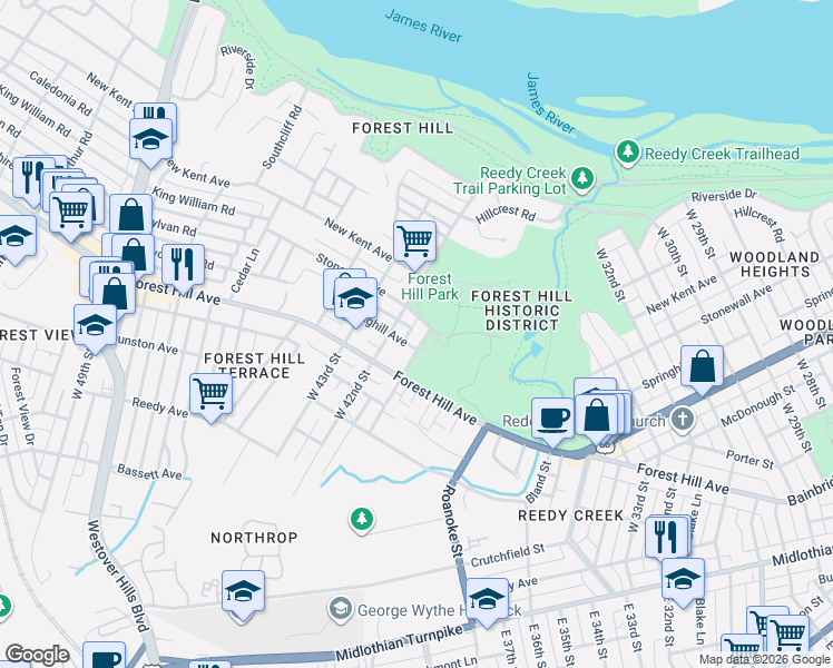 map of restaurants, bars, coffee shops, grocery stores, and more near 1508 West 41st Street in Richmond