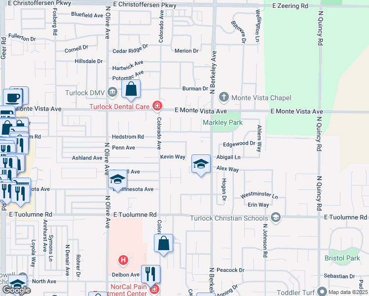 map of restaurants, bars, coffee shops, grocery stores, and more near 2901 Mc Neff Drive in Turlock
