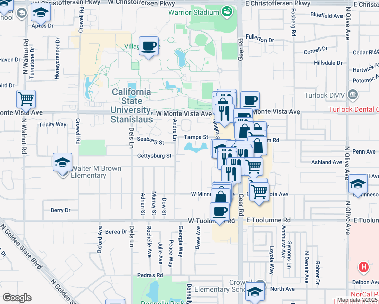 map of restaurants, bars, coffee shops, grocery stores, and more near 2900 Andre Lane in Turlock