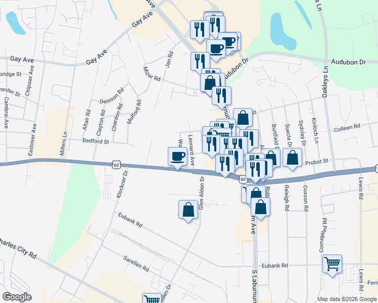 map of restaurants, bars, coffee shops, grocery stores, and more near 4909 Leonard Avenue in Richmond