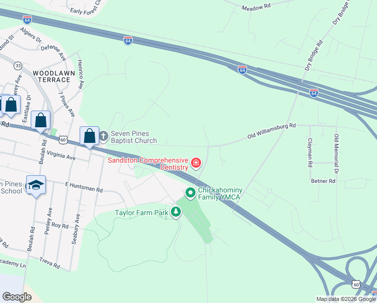 map of restaurants, bars, coffee shops, grocery stores, and more near 1207 Old Williamsburg Road in Sandston