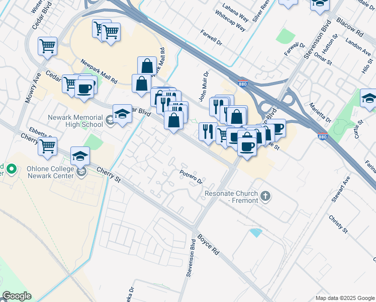 map of restaurants, bars, coffee shops, grocery stores, and more near 39865 Cedar Boulevard in Newark