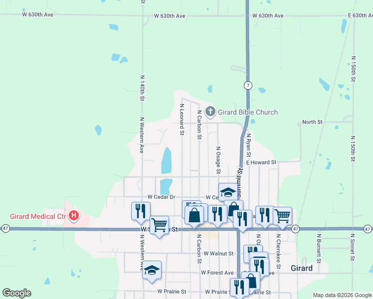 map of restaurants, bars, coffee shops, grocery stores, and more near 716 North Leonard Street in Girard