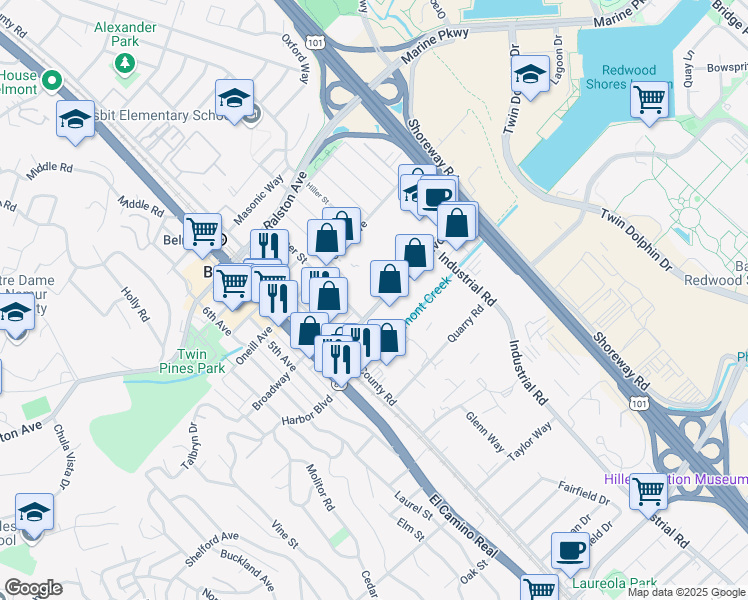 map of restaurants, bars, coffee shops, grocery stores, and more near 530 Harbor Blvd in Belmont