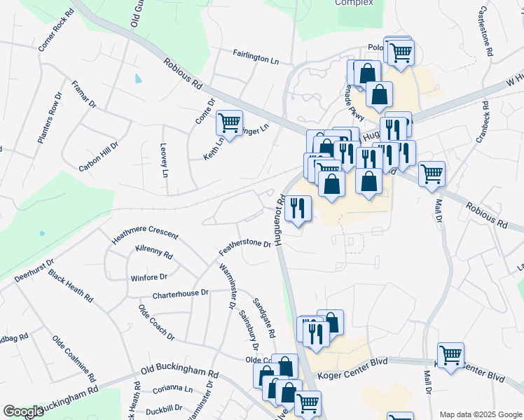 map of restaurants, bars, coffee shops, grocery stores, and more near 11710 South Briar Patch Drive in Midlothian