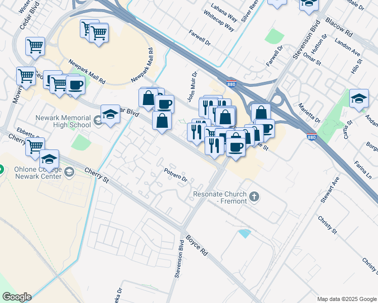map of restaurants, bars, coffee shops, grocery stores, and more near 39865 Cedar Boulevard in Newark