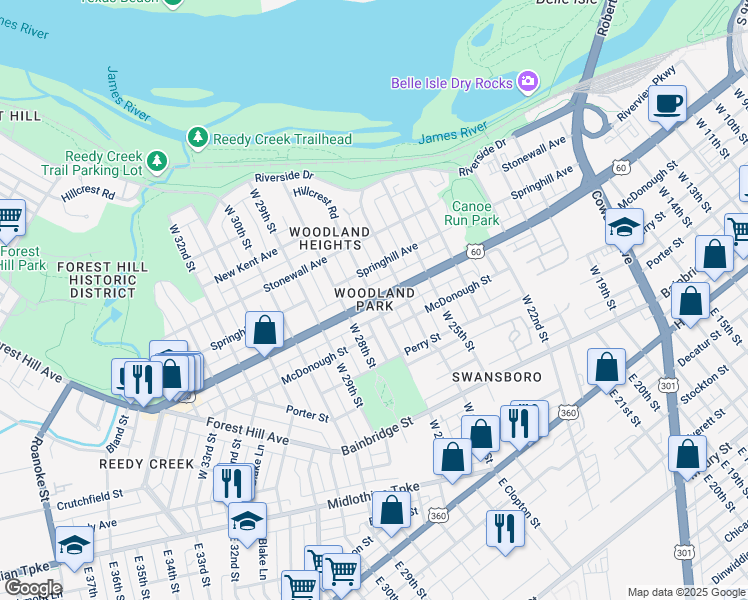 map of restaurants, bars, coffee shops, grocery stores, and more near Semmes Avenue in Richmond