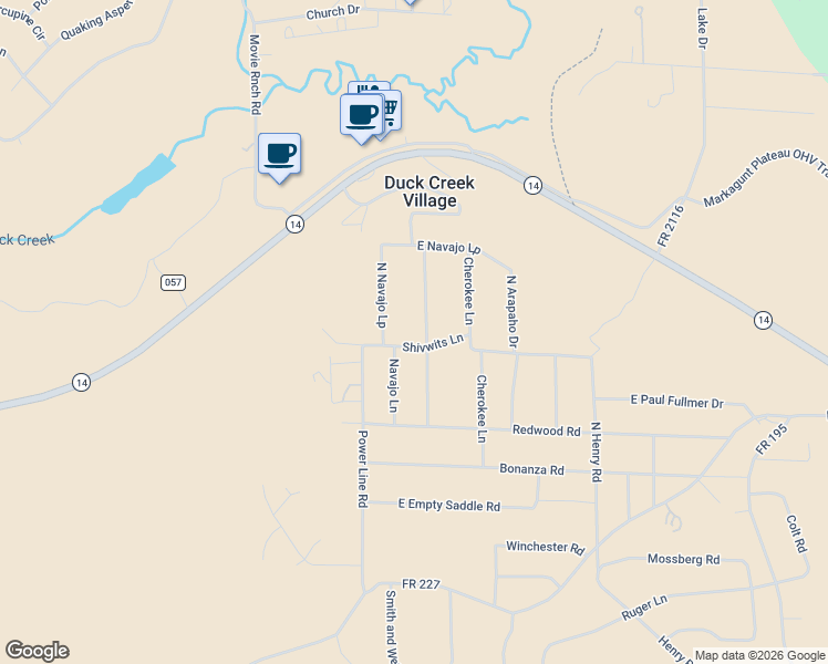 map of restaurants, bars, coffee shops, grocery stores, and more near 3465 Ute Lane in Duck Creek Village
