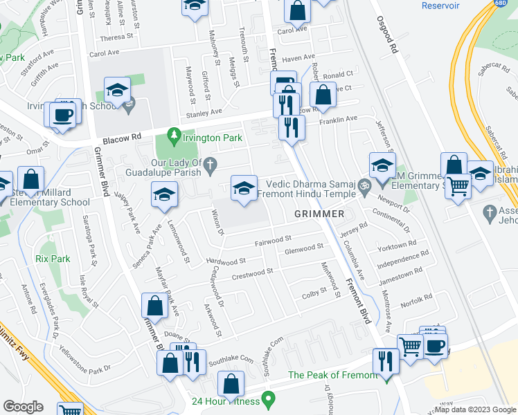 map of restaurants, bars, coffee shops, grocery stores, and more near 42875 Gatewood Street in Fremont