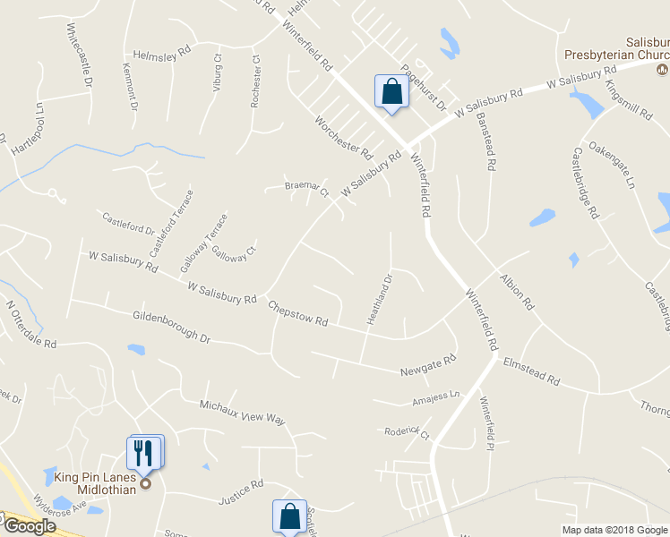 map of restaurants, bars, coffee shops, grocery stores, and more near 14319 Tunsberg Terrace in Midlothian