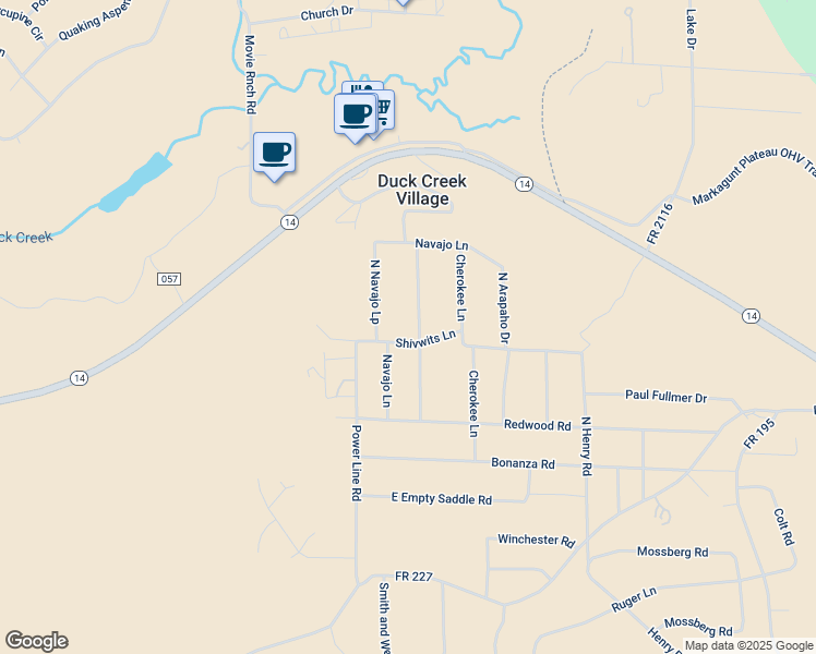 map of restaurants, bars, coffee shops, grocery stores, and more near 3465 Ute Lane in Duck Creek Village