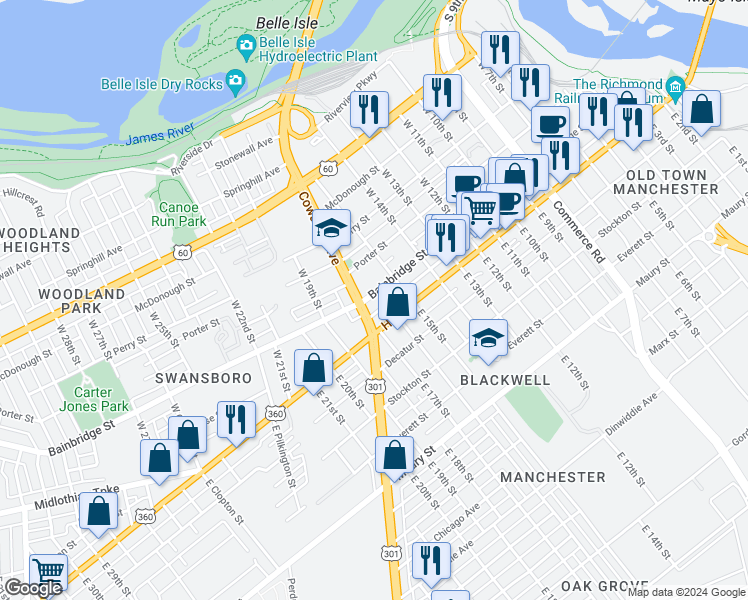 map of restaurants, bars, coffee shops, grocery stores, and more near 1606 Bainbridge Street in Richmond