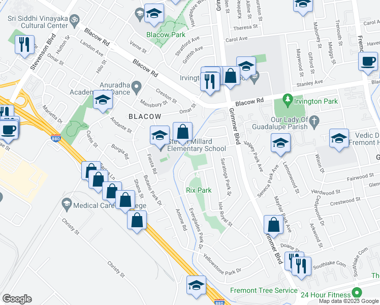map of restaurants, bars, coffee shops, grocery stores, and more near 5032 Valpey Park Avenue in Fremont