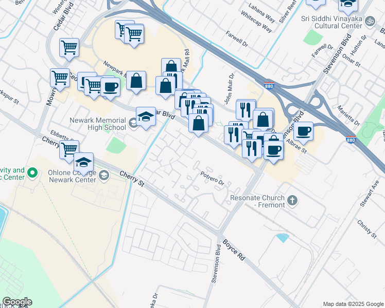map of restaurants, bars, coffee shops, grocery stores, and more near 6150 Joaquin Murieta Avenue in Newark