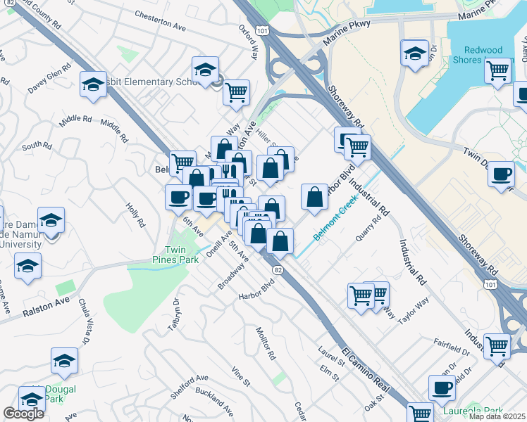 map of restaurants, bars, coffee shops, grocery stores, and more near 1301 Old County Road in Belmont